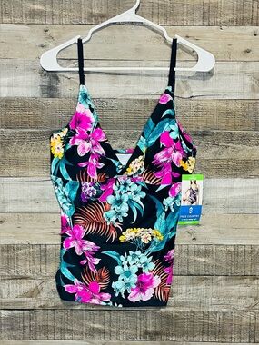 NWT Free Country Tankini Top Black Floral Print Size Large